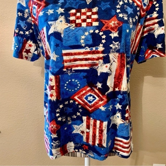 Collections Etc Tee Large Red White Blue Taupe 100% Cotton Sequins Short Slvs - Picture 3 of 13